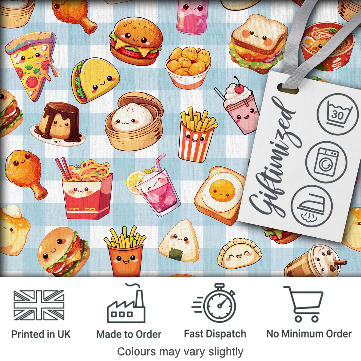Cute Kawaii Fast Food Snacks Gingham Picnic Background Seamless Pattern Digital Print Fabric by the Metre UK Sewing Quilting Textile