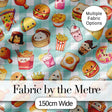 Cute Kawaii Fast Food Snacks Gingham Picnic Mint Background Seamless Pattern Digital Print Fabric by the Metre UK Sewing Quilting Textile