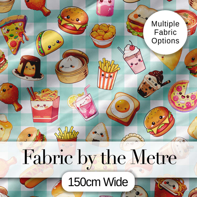 Cute Kawaii Fast Food Snacks Gingham Picnic Mint Background Seamless Pattern Digital Print Fabric by the Metre UK Sewing Quilting Textile