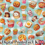 Cute Kawaii Fast Food Snacks Gingham Picnic Mint Background Seamless Pattern Digital Print Fabric by the Metre UK Sewing Quilting Textile