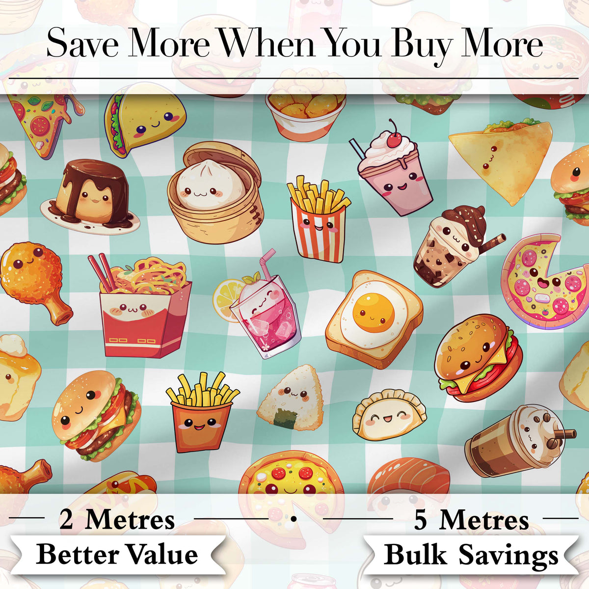 Cute Kawaii Fast Food Snacks Gingham Picnic Mint Background Seamless Pattern Digital Print Fabric by the Metre UK Sewing Quilting Textile