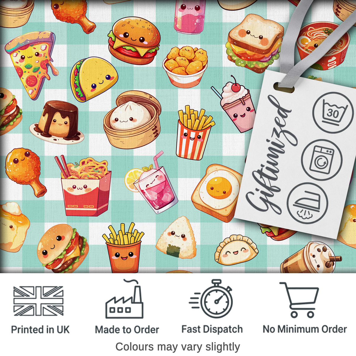 Cute Kawaii Fast Food Snacks Gingham Picnic Mint Background Seamless Pattern Digital Print Fabric by the Metre UK Sewing Quilting Textile