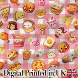 Cute Kawaii Fast Food Snacks Gingham Picnic Red Background Seamless Pattern Digital Print Fabric by the Metre UK Sewing Quilting Textile