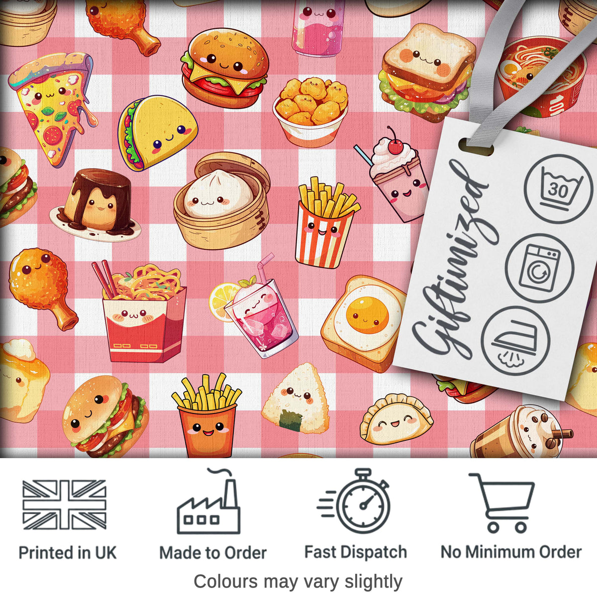Cute Kawaii Fast Food Snacks Gingham Picnic Red Background Seamless Pattern Digital Print Fabric by the Metre UK Sewing Quilting Textile