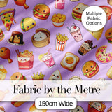 Cute Kawaii Fast Food Snacks Gingham Picnic Purple Background Seamless Pattern Digital Print Fabric by the Metre UK Sewing Quilting Textile