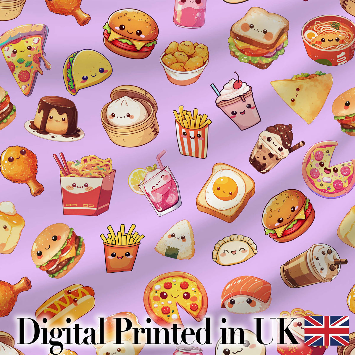 Cute Kawaii Fast Food Snacks Gingham Picnic Purple Background Seamless Pattern Digital Print Fabric by the Metre UK Sewing Quilting Textile