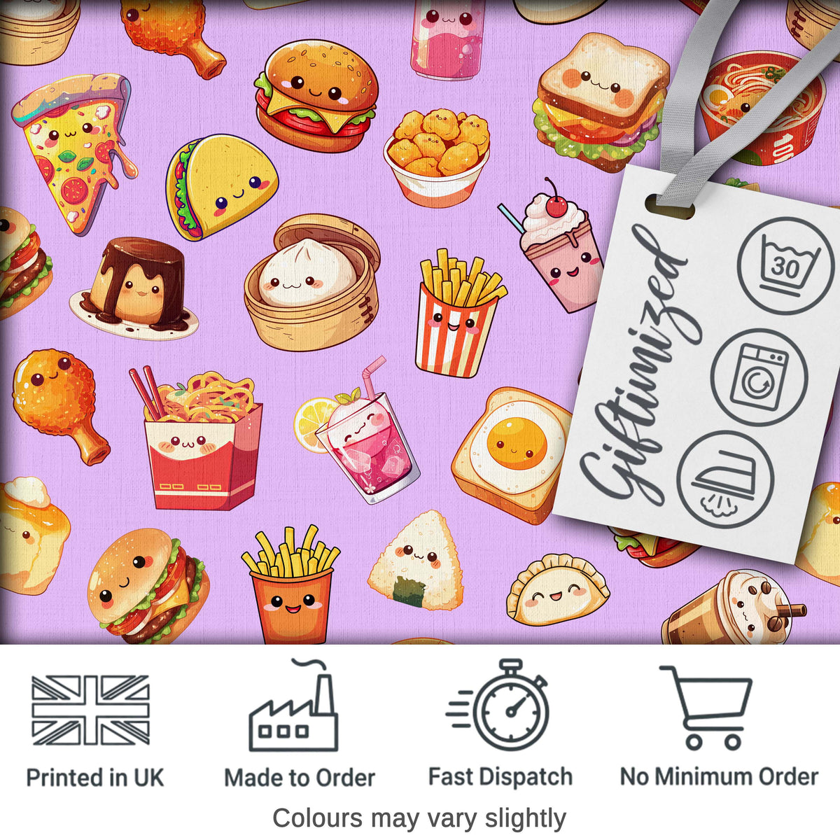 Cute Kawaii Fast Food Snacks Gingham Picnic Purple Background Seamless Pattern Digital Print Fabric by the Metre UK Sewing Quilting Textile