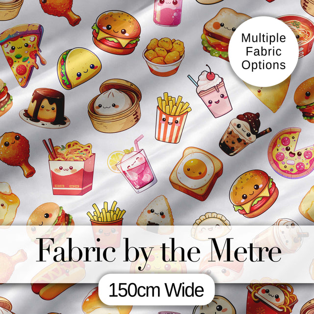 Cute Kawaii Fast Food Snacks Light Grey Background Seamless Pattern Digital Print Fabric by the Metre UK Sewing Quilting Textile