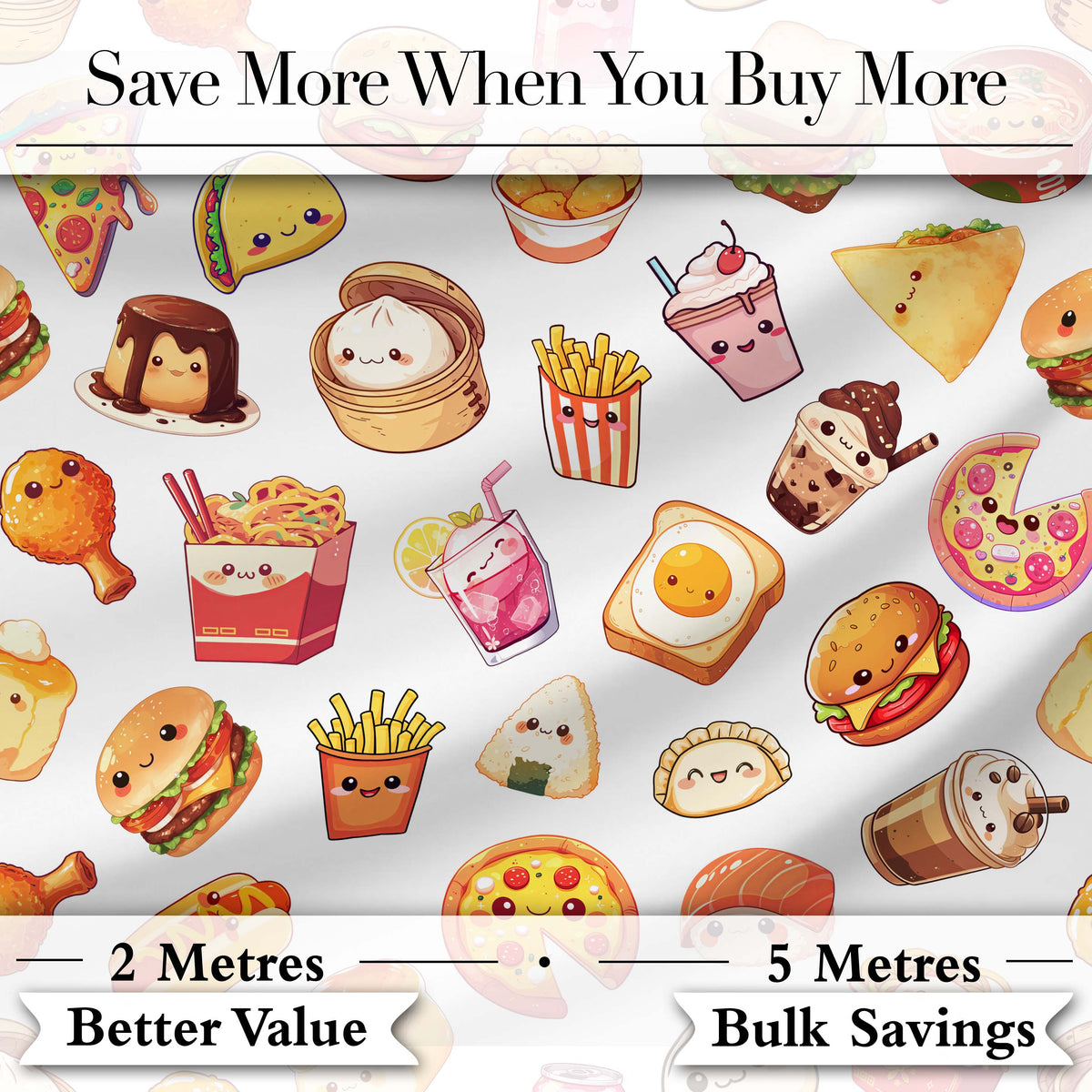 Cute Kawaii Fast Food Snacks Light Grey Background Seamless Pattern Digital Print Fabric by the Metre UK Sewing Quilting Textile