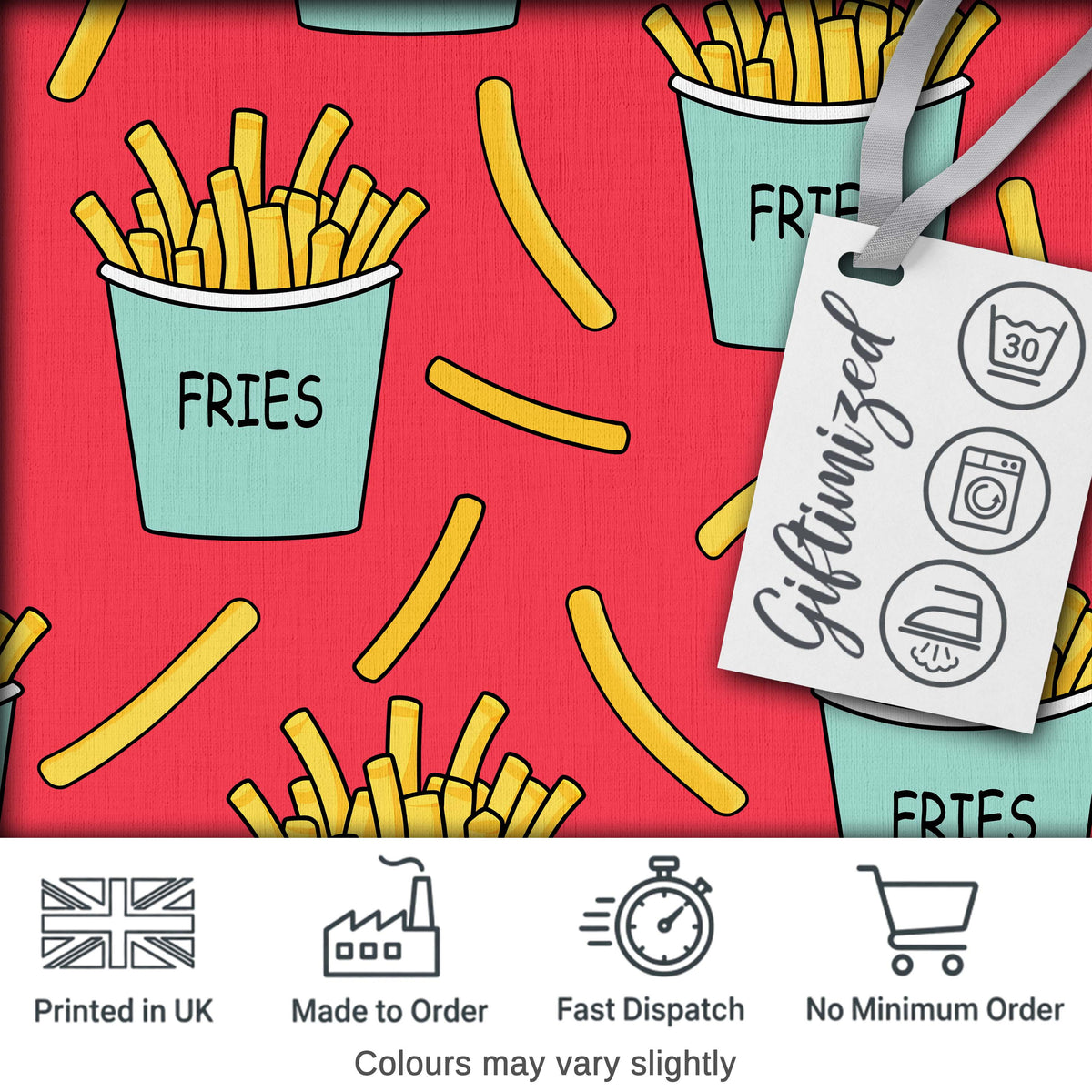 Cute French Fries Seamless Pattern Red Background Digital Print Fabric by the Metre UK Sewing Quilting Textile