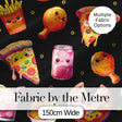 Cute Kawaii Fast Food Pattern with Pizza Fries Chicken Soda Black Background Digital Print Fabric by the Metre UK Sewing Quilting Textile