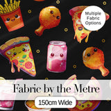 Cute Kawaii Fast Food Pattern with Pizza Fries Chicken Soda Black Background Digital Print Fabric by the Metre UK Sewing Quilting Textile