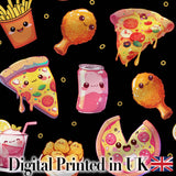 Cute Kawaii Fast Food Pattern with Pizza Fries Chicken Soda Black Background Digital Print Fabric by the Metre UK Sewing Quilting Textile