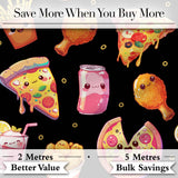 Cute Kawaii Fast Food Pattern with Pizza Fries Chicken Soda Black Background Digital Print Fabric by the Metre UK Sewing Quilting Textile