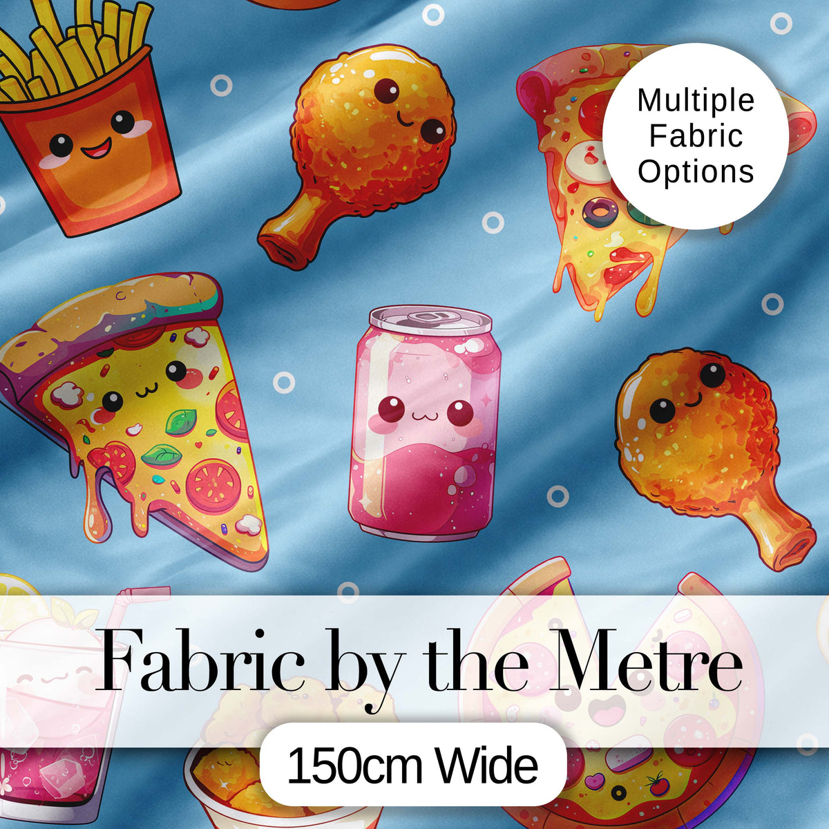 Cute Kawaii Fast Food Pattern with Pizza Fries Chicken Soda Blue Background Digital Print Fabric by the Metre UK Sewing Quilting Textile