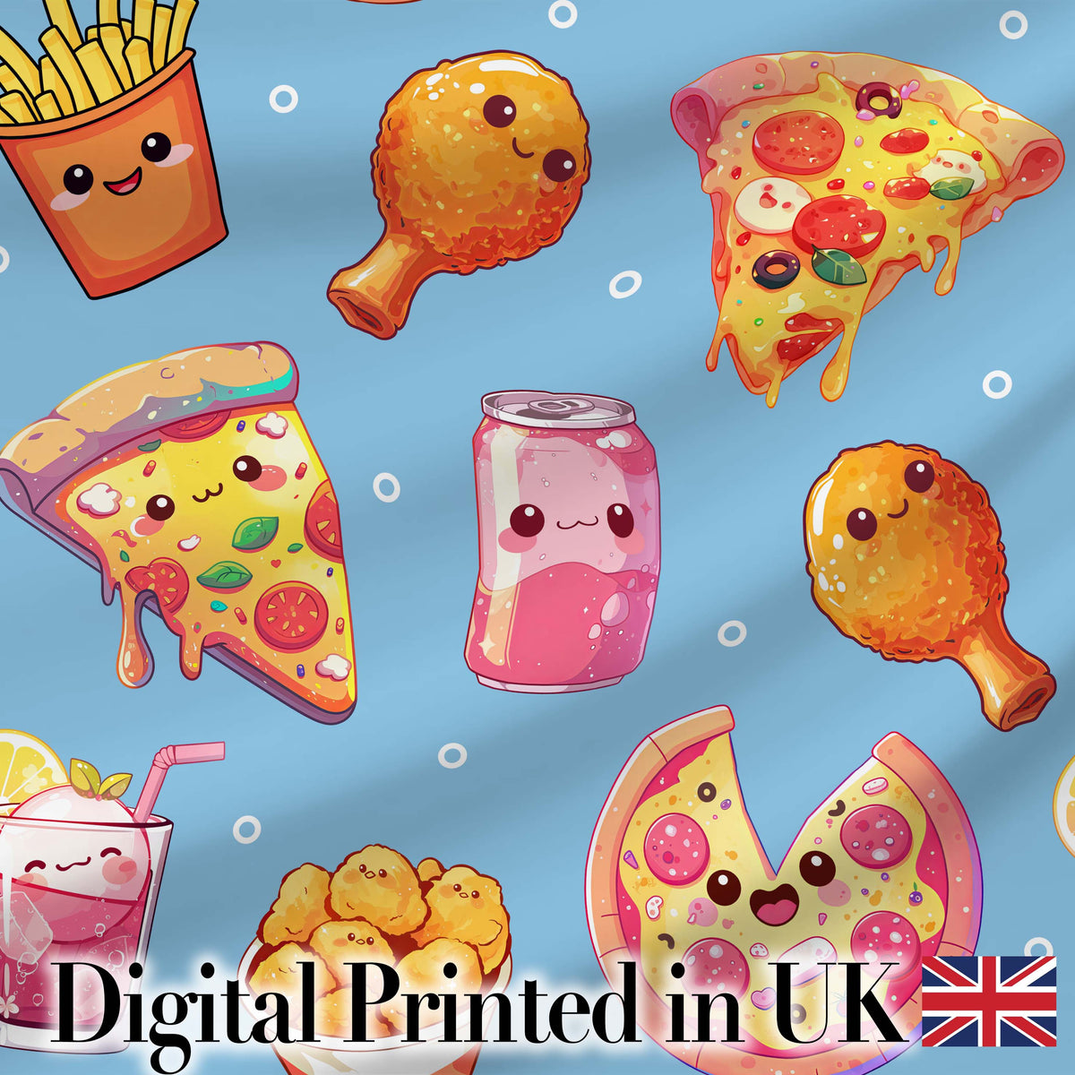 Cute Kawaii Fast Food Pattern with Pizza Fries Chicken Soda Blue Background Digital Print Fabric by the Metre UK Sewing Quilting Textile