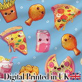 Cute Kawaii Fast Food Pattern with Pizza Fries Chicken Soda Blue Background Digital Print Fabric by the Metre UK Sewing Quilting Textile