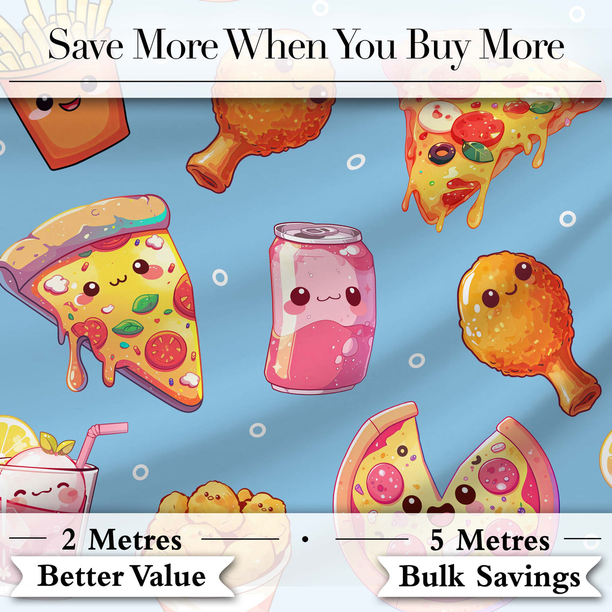 Cute Kawaii Fast Food Pattern with Pizza Fries Chicken Soda Blue Background Digital Print Fabric by the Metre UK Sewing Quilting Textile