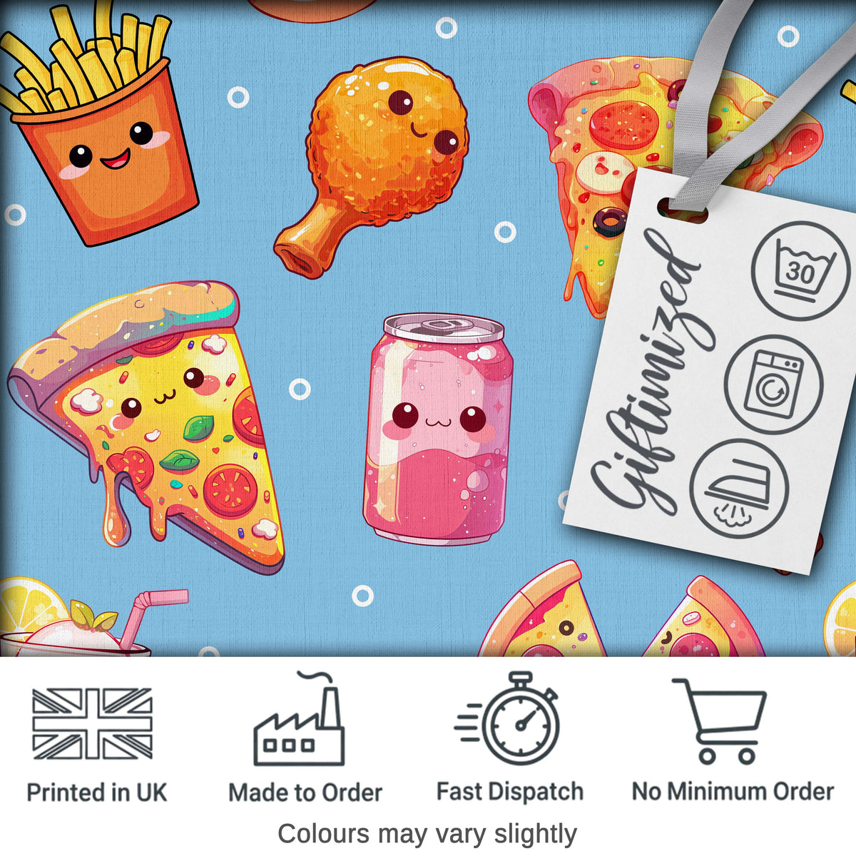Cute Kawaii Fast Food Pattern with Pizza Fries Chicken Soda Blue Background Digital Print Fabric by the Metre UK Sewing Quilting Textile