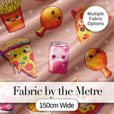 Cute Kawaii Fast Food Pattern with Pizza Fries Chicken Soda Beige Background Digital Print Fabric by the Metre UK Sewing Quilting Textile