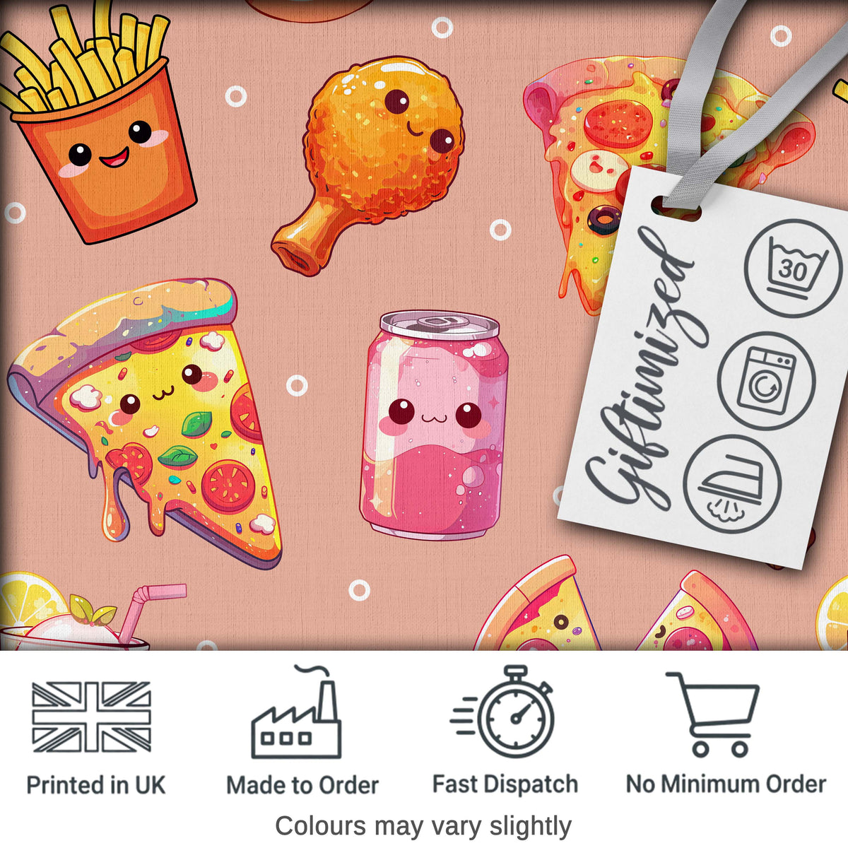 Cute Kawaii Fast Food Pattern with Pizza Fries Chicken Soda Beige Background Digital Print Fabric by the Metre UK Sewing Quilting Textile