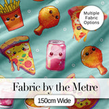 Cute Kawaii Fast Food Pattern with Pizza Fries Chicken Soda Mint Background Digital Print Fabric by the Metre UK Sewing Quilting Textile