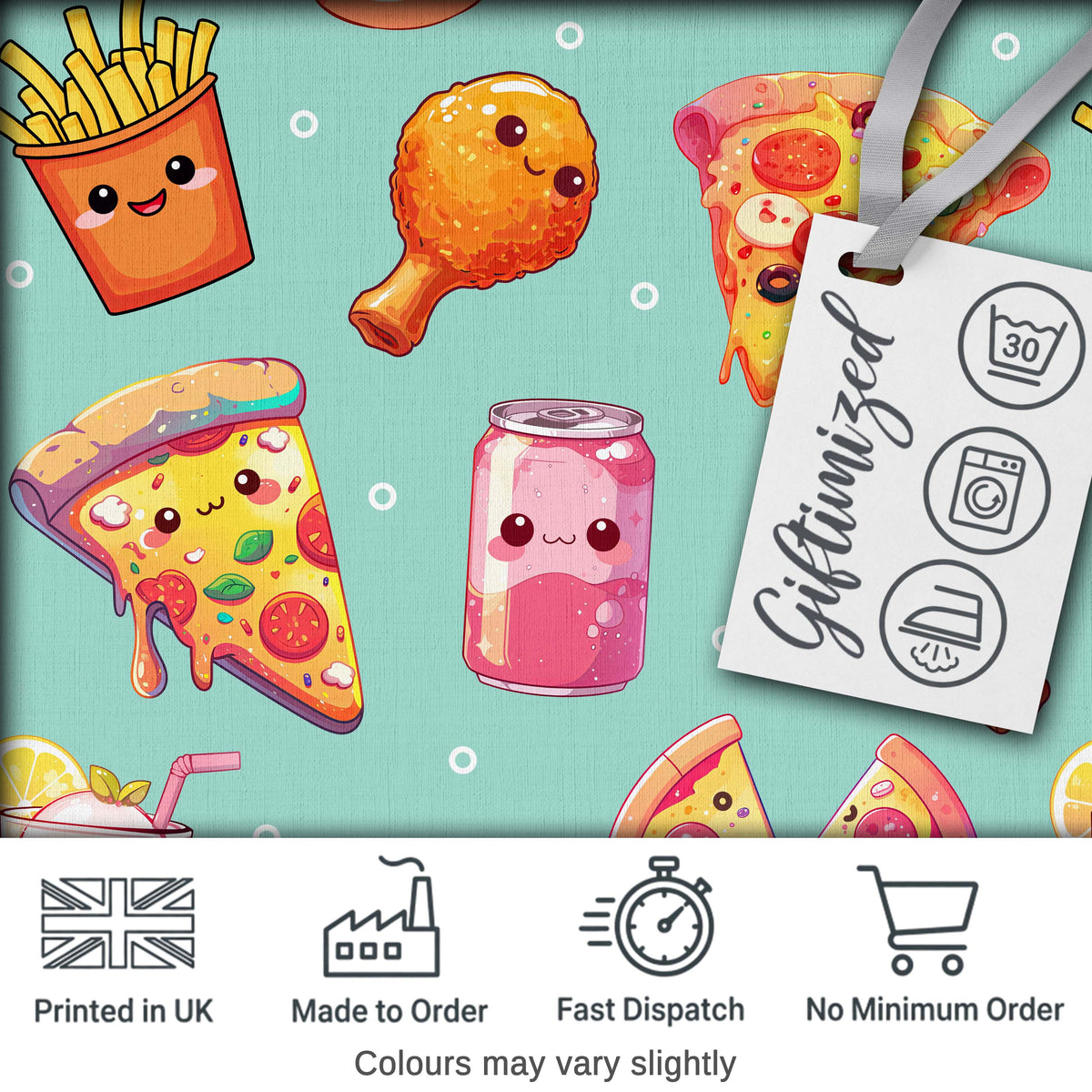 Cute Kawaii Fast Food Pattern with Pizza Fries Chicken Soda Mint Background Digital Print Fabric by the Metre UK Sewing Quilting Textile