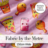 Cute Kawaii Fast Food Pattern with Pizza Chicken Soda Soft Pink Background Digital Print Fabric by the Metre UK Sewing Quilting Textile