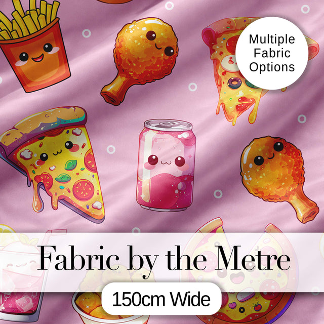 Cute Kawaii Fast Food Pattern with Pizza Chicken Soda Soft Pink Background Digital Print Fabric by the Metre UK Sewing Quilting Textile