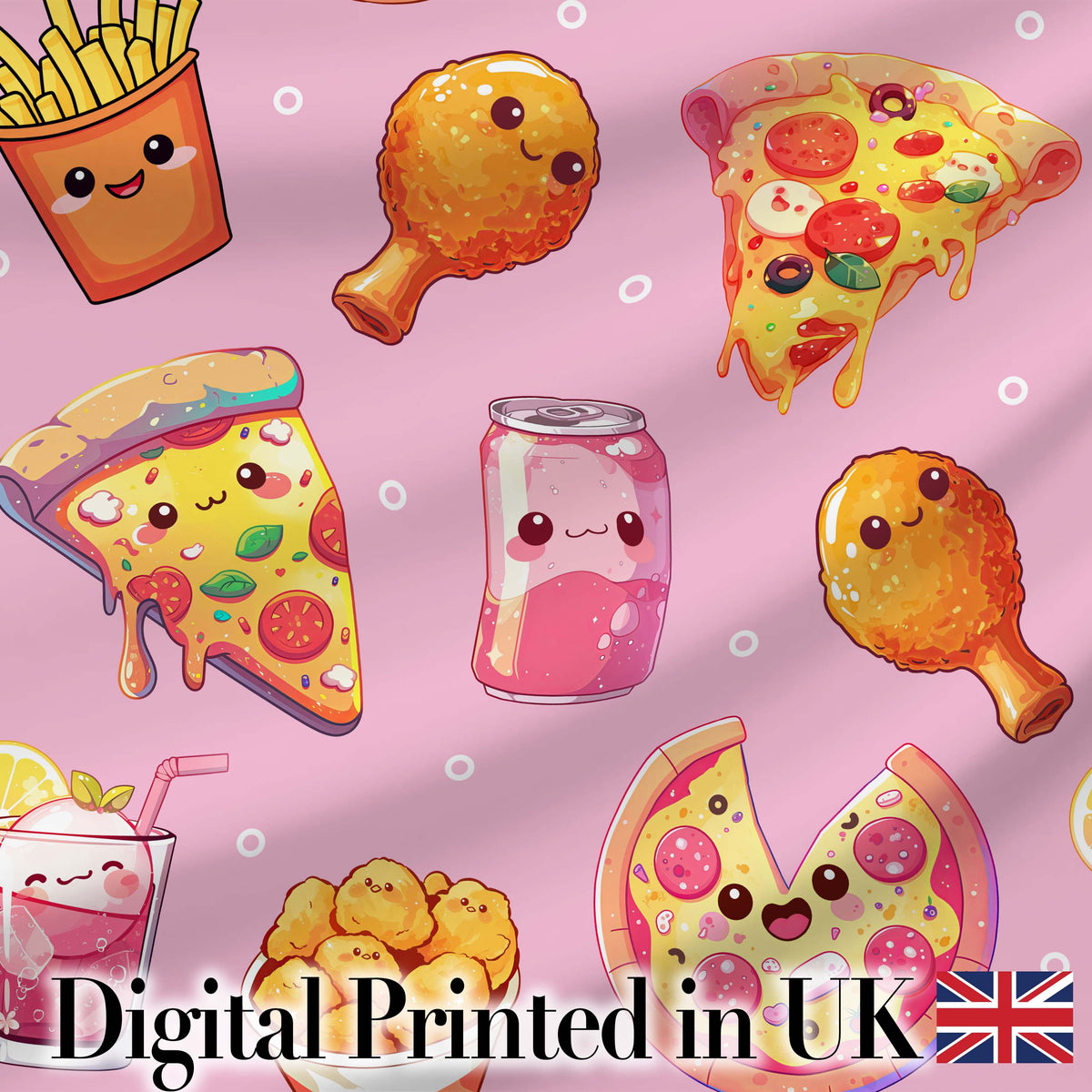 Cute Kawaii Fast Food Pattern with Pizza Chicken Soda Soft Pink Background Digital Print Fabric by the Metre UK Sewing Quilting Textile