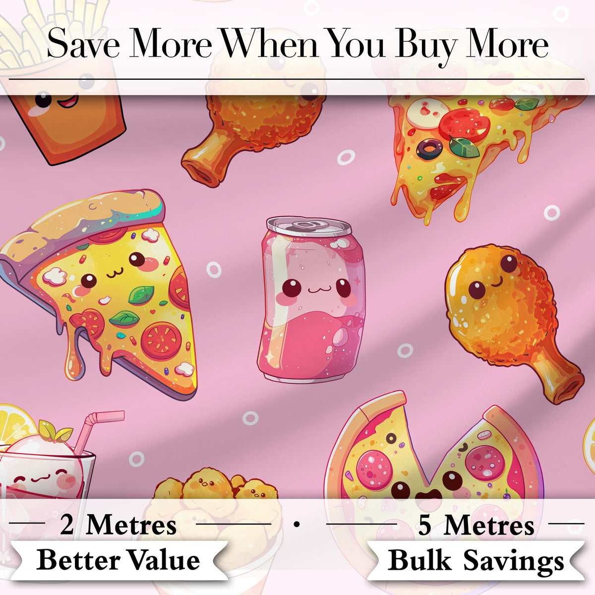 Cute Kawaii Fast Food Pattern with Pizza Chicken Soda Soft Pink Background Digital Print Fabric by the Metre UK Sewing Quilting Textile