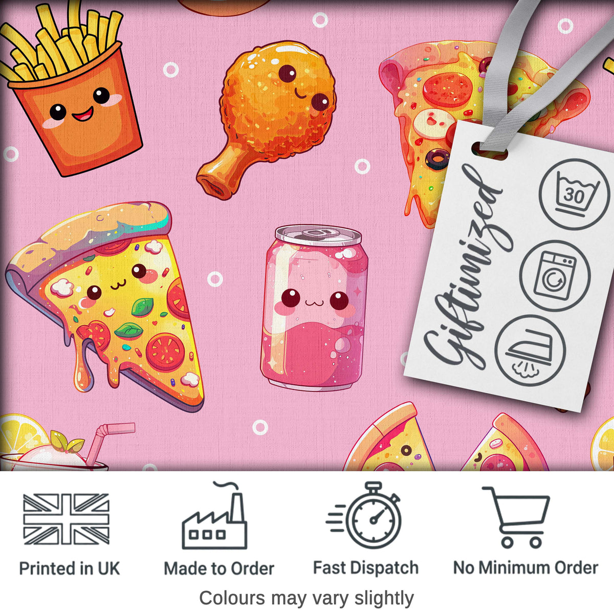 Cute Kawaii Fast Food Pattern with Pizza Chicken Soda Soft Pink Background Digital Print Fabric by the Metre UK Sewing Quilting Textile