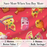 Cute Kawaii Fast Food Pattern with Pizza Fries Chicken Soda Red Background Digital Print Fabric by the Metre UK Sewing Quilting Textile