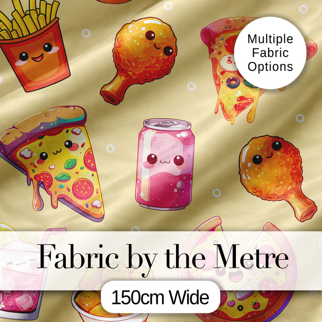 Cute Kawaii Fast Food Pattern with Pizza Fries Chicken Soda Yellow Background Digital Print Fabric by the Metre UK Sewing Quilting Textile