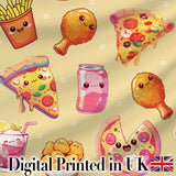 Cute Kawaii Fast Food Pattern with Pizza Fries Chicken Soda Yellow Background Digital Print Fabric by the Metre UK Sewing Quilting Textile