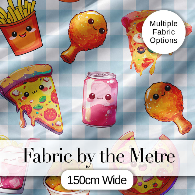 Cute Kawaii Fast Food Pattern with Pizza Chicken Soda Blue Check Background Digital Print Fabric by the Metre UK Sewing Quilting Textile
