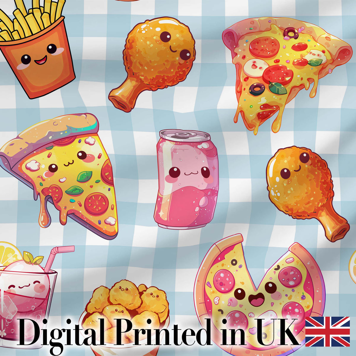 Cute Kawaii Fast Food Pattern with Pizza Chicken Soda Blue Check Background Digital Print Fabric by the Metre UK Sewing Quilting Textile