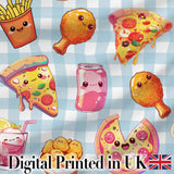 Cute Kawaii Fast Food Pattern with Pizza Chicken Soda Blue Check Background Digital Print Fabric by the Metre UK Sewing Quilting Textile