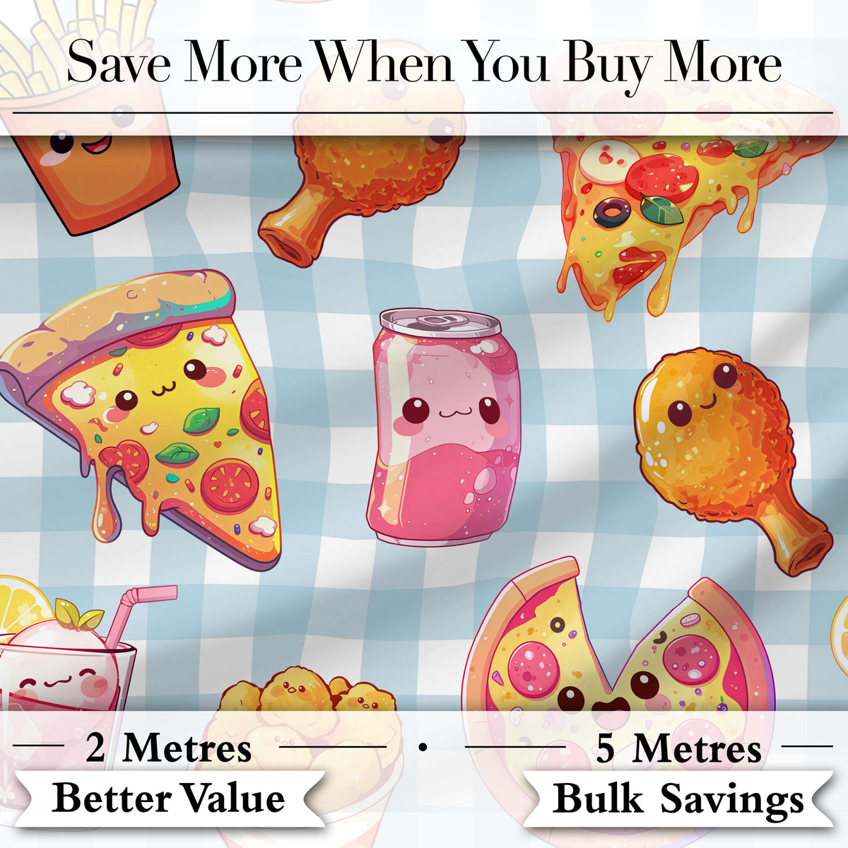 Cute Kawaii Fast Food Pattern with Pizza Chicken Soda Blue Check Background Digital Print Fabric by the Metre UK Sewing Quilting Textile
