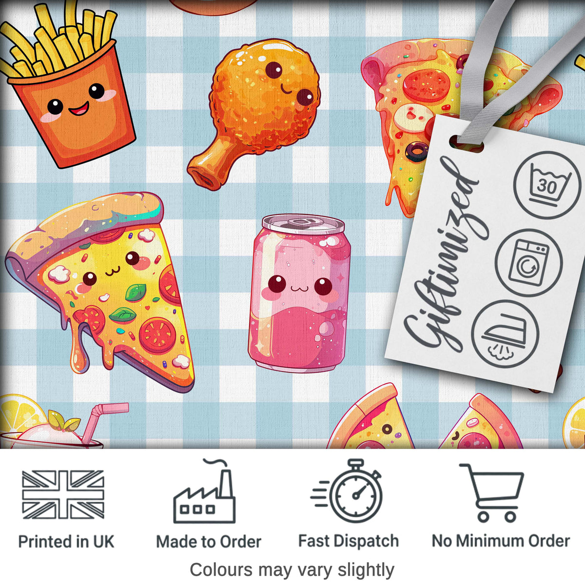 Cute Kawaii Fast Food Pattern with Pizza Chicken Soda Blue Check Background Digital Print Fabric by the Metre UK Sewing Quilting Textile