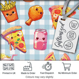 Cute Kawaii Fast Food Pattern with Pizza Chicken Soda Blue Check Background Digital Print Fabric by the Metre UK Sewing Quilting Textile