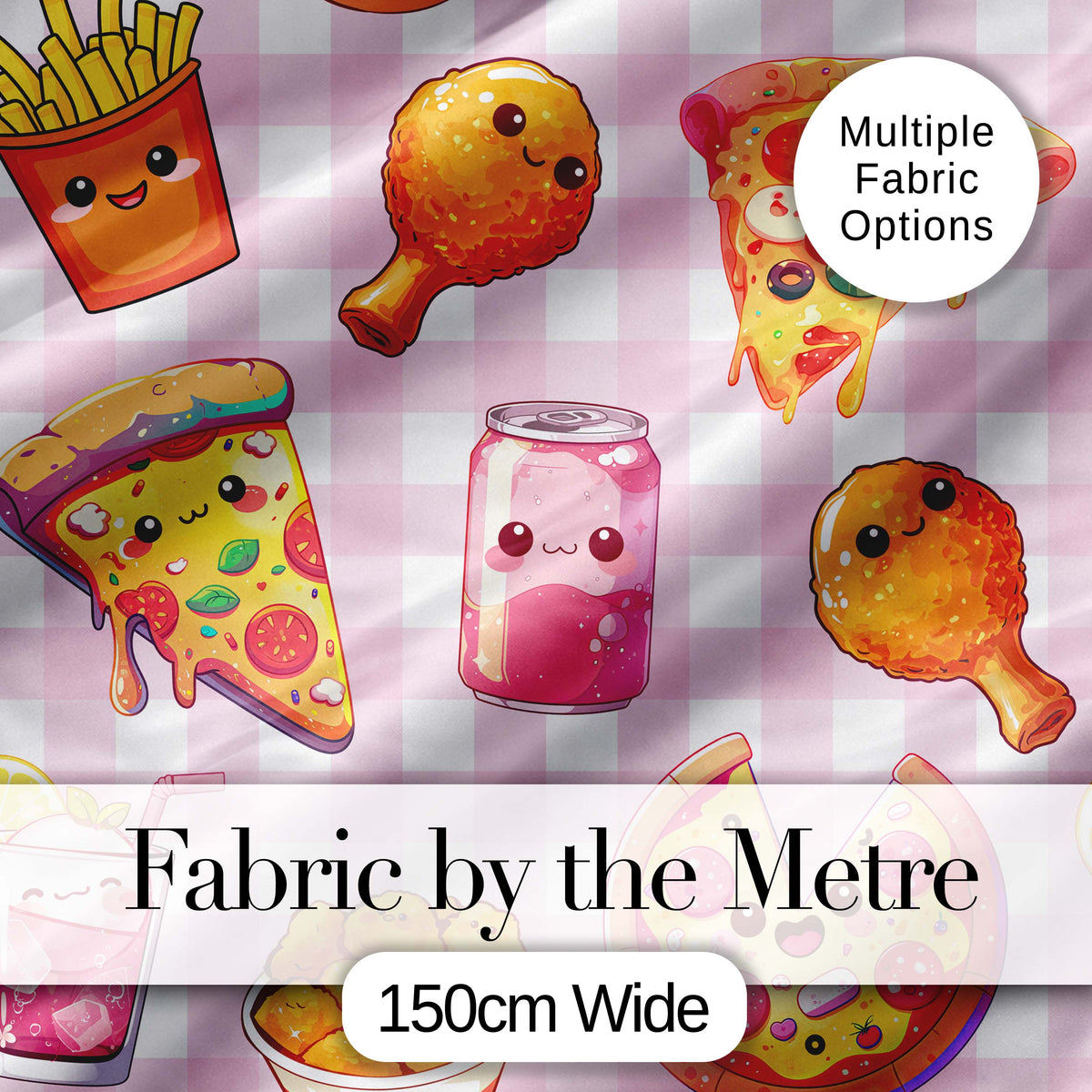 Cute Kawaii Fast Food Pattern with Pizza Chicken Soda Pink Check Background Digital Print Fabric by the Metre UK Sewing Quilting Textile