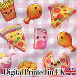 Cute Kawaii Fast Food Pattern with Pizza Chicken Soda Pink Check Background Digital Print Fabric by the Metre UK Sewing Quilting Textile