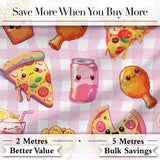Cute Kawaii Fast Food Pattern with Pizza Chicken Soda Pink Check Background Digital Print Fabric by the Metre UK Sewing Quilting Textile