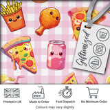 Cute Kawaii Fast Food Pattern with Pizza Chicken Soda Pink Check Background Digital Print Fabric by the Metre UK Sewing Quilting Textile