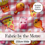 Cute Kawaii Fast Food Pattern with Pizza Chicken Soda Red Check Background Digital Print Fabric by the Metre UK Sewing Quilting Textile