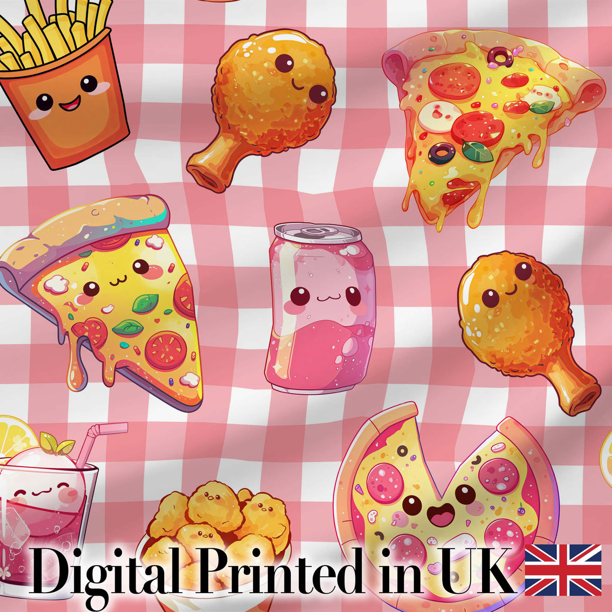 Cute Kawaii Fast Food Pattern with Pizza Chicken Soda Red Check Background Digital Print Fabric by the Metre UK Sewing Quilting Textile