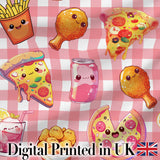 Cute Kawaii Fast Food Pattern with Pizza Chicken Soda Red Check Background Digital Print Fabric by the Metre UK Sewing Quilting Textile