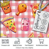 Cute Kawaii Fast Food Pattern with Pizza Chicken Soda Red Check Background Digital Print Fabric by the Metre UK Sewing Quilting Textile