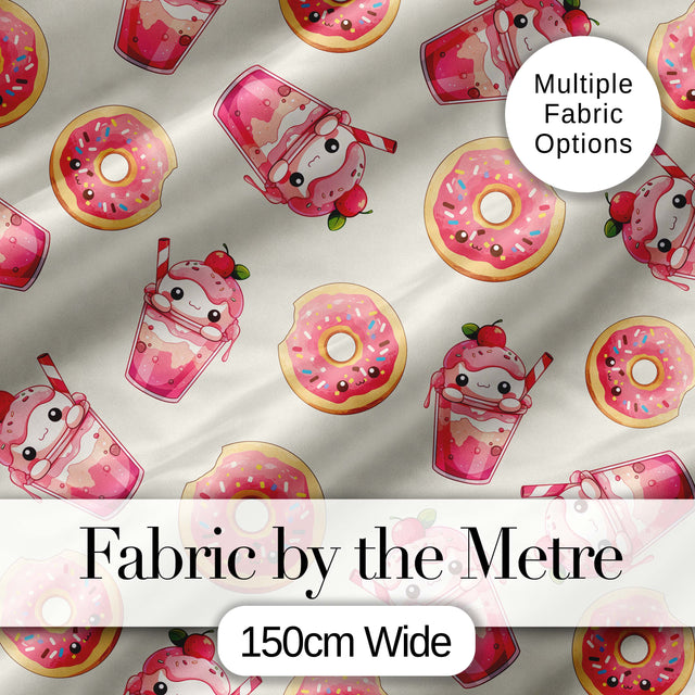 Cute Kawaii Donut and Strawberry Drink Seamless Pattern Cream Background Digital Print Fabric by the Metre UK Sewing Quilting Textile